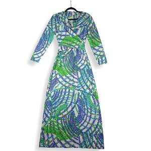 Nat Kaplan Couture Vintage Floral Maxi Dress Blue Green Botanical Long Sleeve